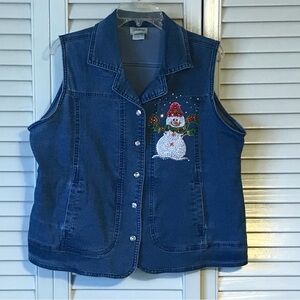 Women's Denim Vest with Snowman Embroidery